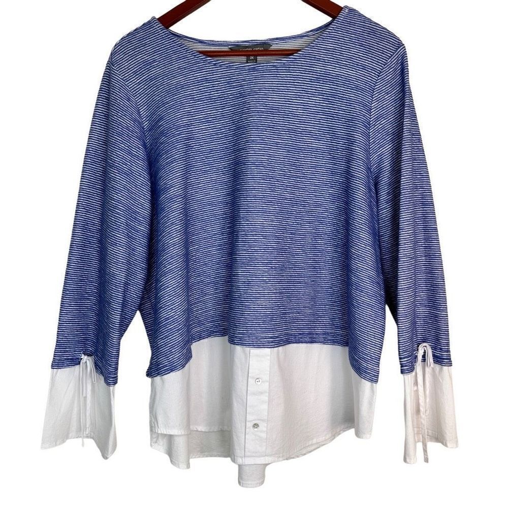 Alexander Jordan Womens Blue Striped Blouse Mixed Media Modern Preppy Size 2X‎